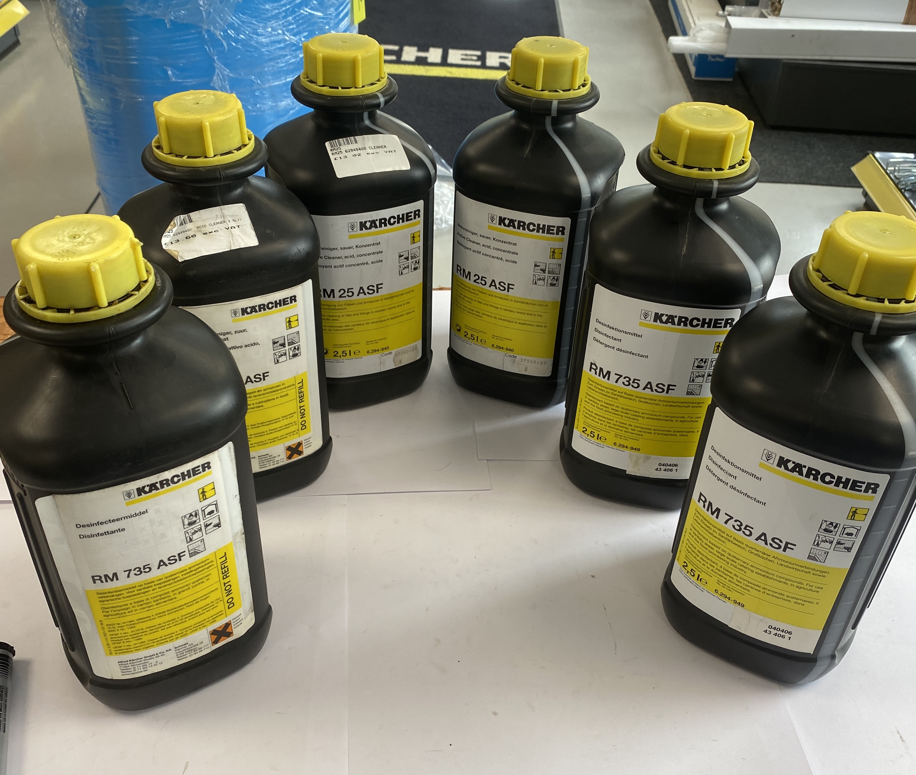 * Six 2.5 Litre Bottles of Karcher RM 25 ASF and RM 735 ASF Industrial Cleaning and Disinfecting Concentrates