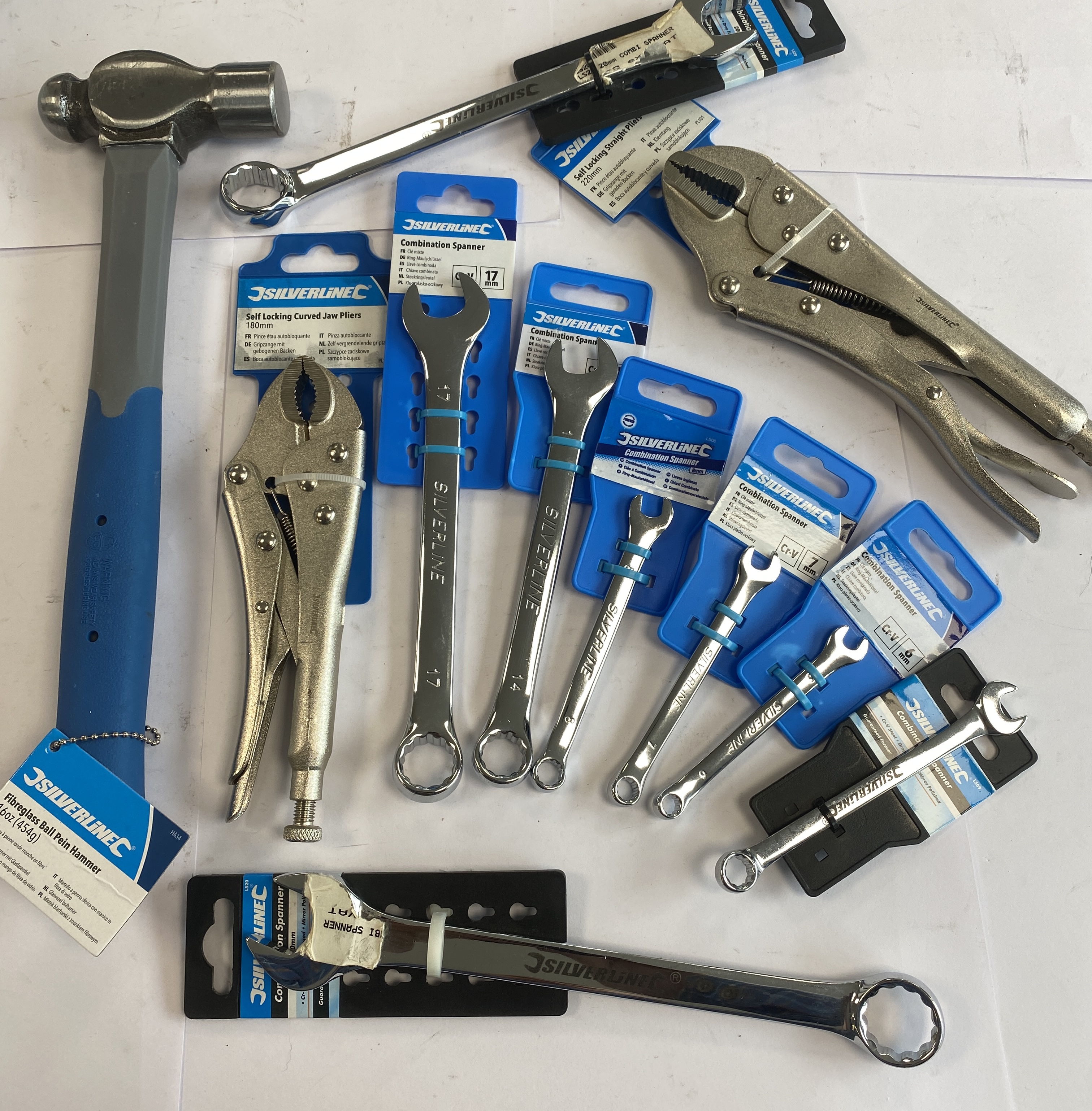 * A Collection of 11 Silverline Hand Tools Including Ball Pein Hammer, Locking Pliers, and Combination Wrenches