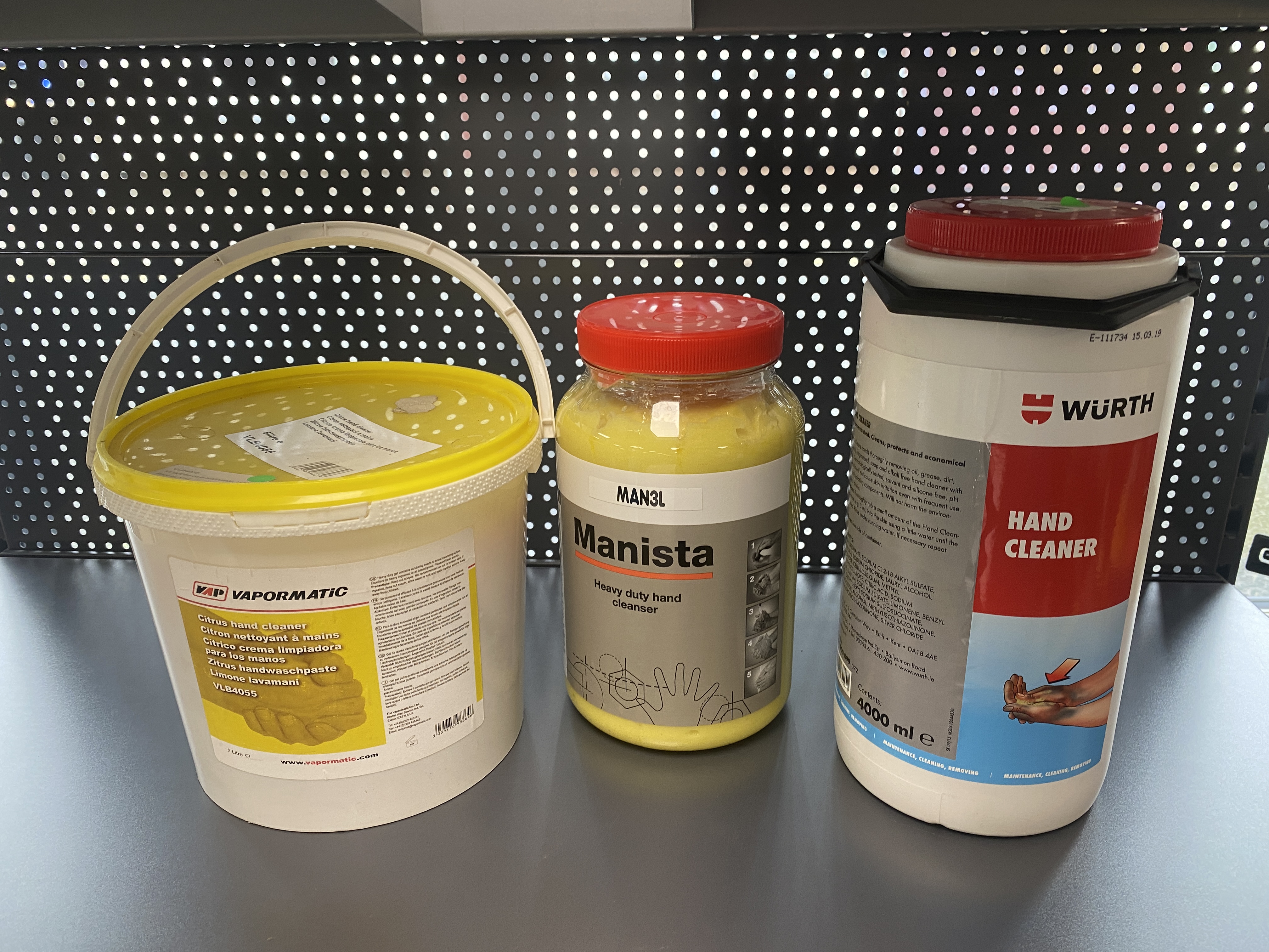 * A Trio of Industrial Heavy-Duty Hand Cleaners by Vapormatic, Manista, and Wurth