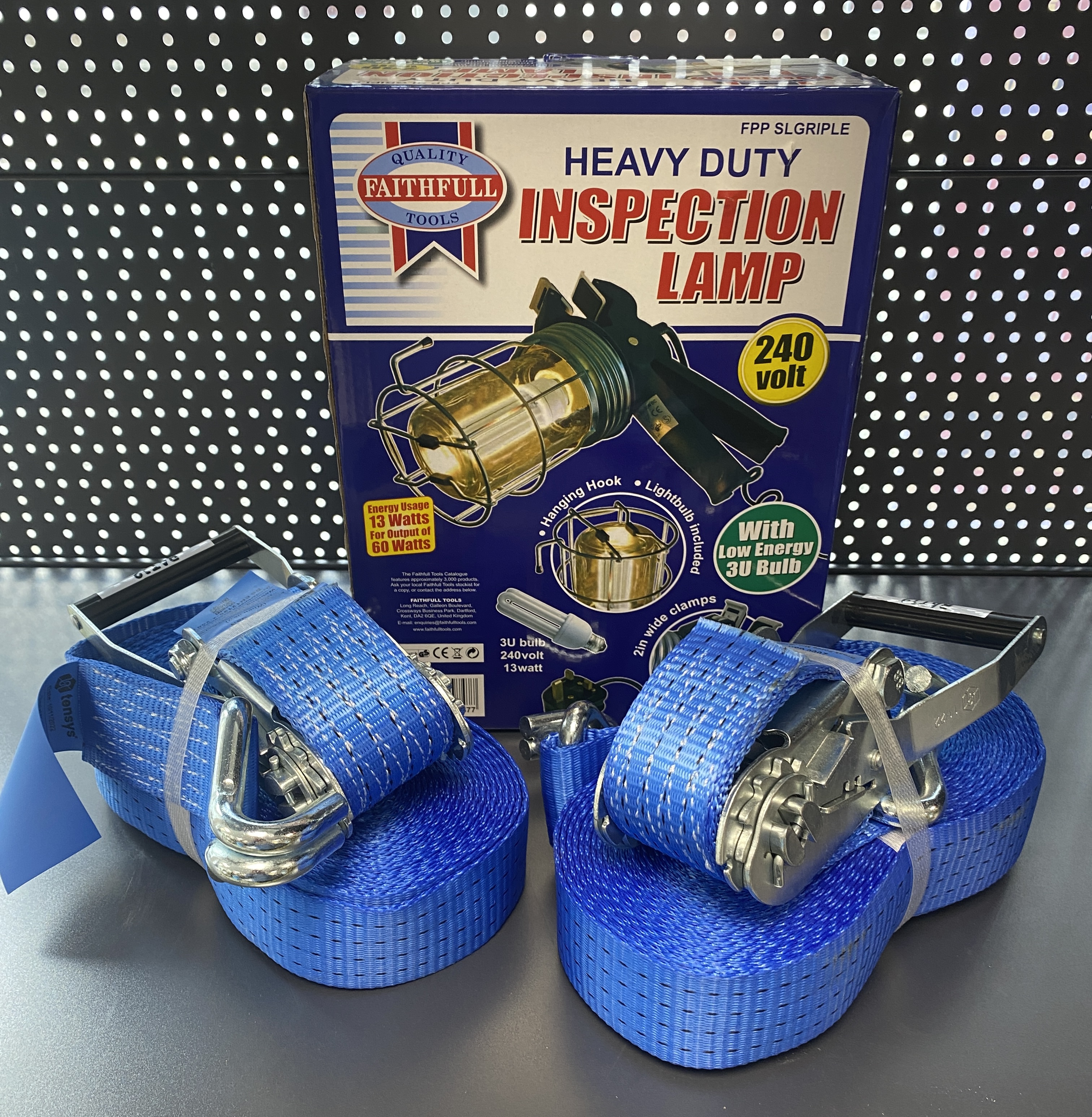 * A Faithfull Tools Heavy Duty Inspection Lamp and a Pair of Tensys Industrial Ratchet Tie Down Straps