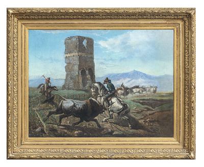 DIPINTO BUTTERI E TORO DI GIUSEPPE RAGGIO. GIUSEPPE RAGGIO (Chiavari 1823 - 1916) CAMPAGNA 