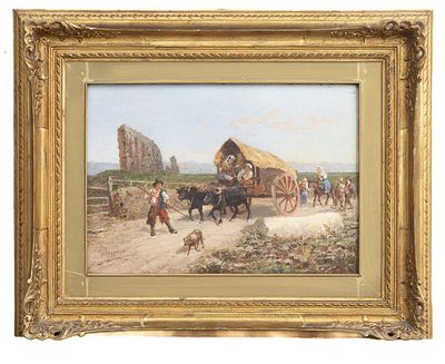 DIPINTO VIA APPIA DI GIUSEPPE RAGGIO. GIUSEPPE RAGGIO (Chiavari 1823 - 1916) CARRO SULLA VIA 