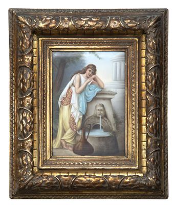 DIPINTO SU PORCELLANA DONNA ALLA FONTANA. PITTORE FRANCESE, XIX SECOLO DONNA ALLA FONTANA 