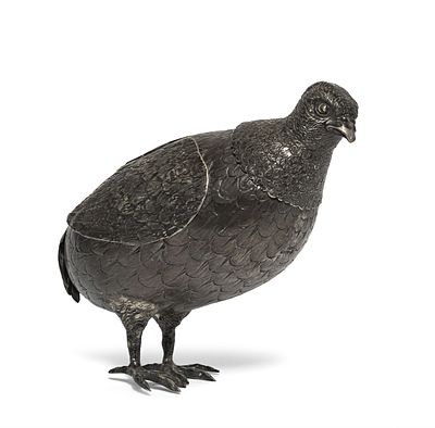 ZUCCHERIERA ARGENTO XX SECOLO Zuccheriera in argento 925, cesellato, raffigurante una quaglia. 