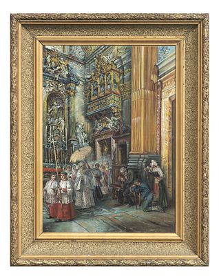 DIPINTO INTERNO CHIESA DEL GESU’ A ROMA. PIO JORIS (?) (Roma 1843 - 1921) INTERNO DELLA CHIESA 