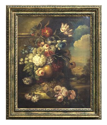 DIPINTO PAESAGGIO CON VASO DI FIORI. PITTORE ACCADEMICO, XX SECOLO PAESAGGIO CON VASO DI FIORI 