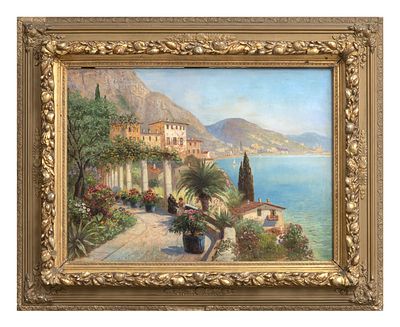 DIPINTO PERGOLA SULLA COSTIERA. PITTORE NAPOLETANO, XX SECOLO PERGOLA SULLA COSTIERA Olio su 