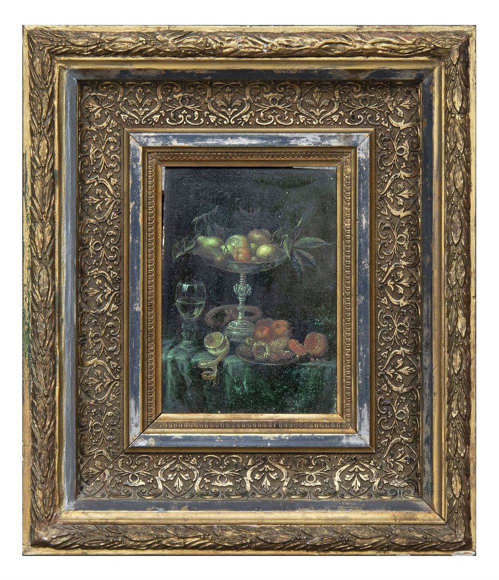 DIPINTO NATURA MORTA SU TAVOLA. PITTORE ACCADEMICO, XX SECOLO 
TAVOLA CON ALZATA, BICCHIERE E 