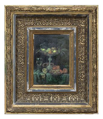 DIPINTO NATURA MORTA SU TAVOLA. PITTORE ACCADEMICO, XX SECOLO TAVOLA CON ALZATA, BICCHIERE E 