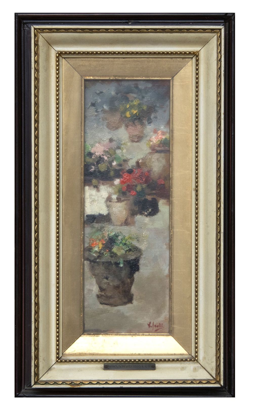 DIPINTO VASI DI FIORI F.TO V. IROLLI. PITTORE ITALIANO, XIX SECOLO 
VASI DI FIORI 
Olio su 