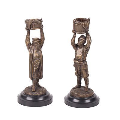 Evgeny Lanceray. Pair of Russian Bronze Candlesticks. Evgeny Lanceray. Ice Cream Vendor and Fish 