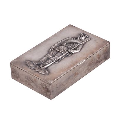 Massive Russian Cast Silver-Gilt Cigar Box with a Portrait of Cossack Kuzma Kruchkov. A massive 