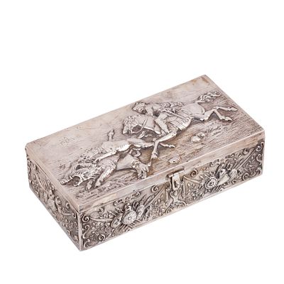 Russian Cast Silver Cigar Box with "Dogs hunting" Composition. I. Szekman. A Russian cast silver 