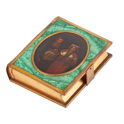 Interesting Russian Fine Lacquer and Malachite Incrustation Cigar Box In The Form of a Book. A 