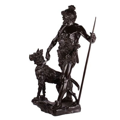 Marcel D&eacute;but. Bronze Sculpture "Robinson with Dog". Standing Robinson with Dog, France, circa 