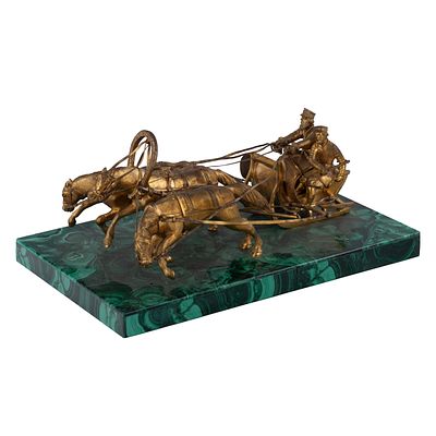 Russian Gilt Bronze Troika on Malachite Base, after Grachev. After Vasily Yakovlevich Grachev 