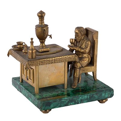 Rare Russian Bronze and Malachite Tea-Drinking Inkstand. A Rare Russian Inkstand with 