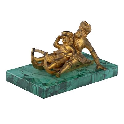 Russian Ormolu and Malachite Model of a Muzhik and Boy SleddingPaperweightRussia, 1830s-1840s. 