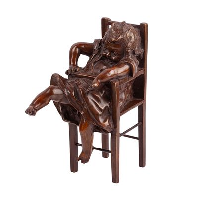 Juan Clara Ayats – “Girl in a High Chair”, Bronze Sculpture, Signed. Juan Clara Ayats. Girl in a 