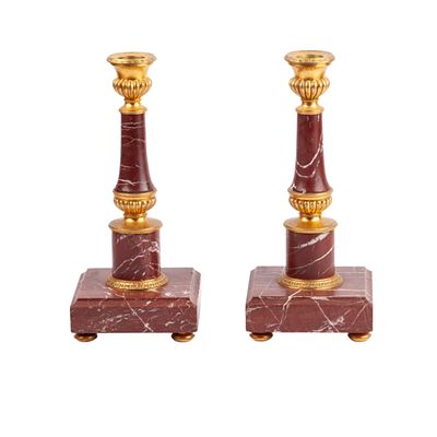 Pair of Russian Empire Style Gilt-Bronze Mounted Red Marble Candlesticks, Pair. Pair of Russian 