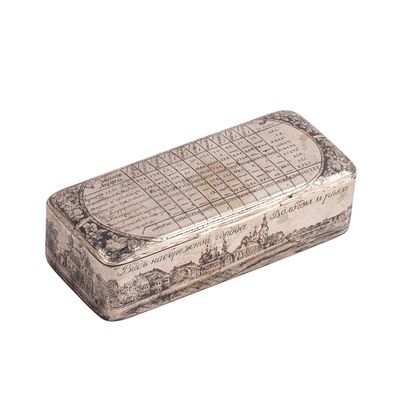 Russian Silver and Niello Snuff Box with View of Vologda, Sakerdon Skripitsyn, 1838. A rare 