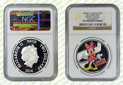 2 ДОЛЛАРА 	2014	год	NGC PF 70 ULTRA CAMEO Минни Маус ТОП ГРЕЙД
. ЦВЕТНАЯ. ДИСНЕЕВСКИЙ ПЕРСОНАЖ 