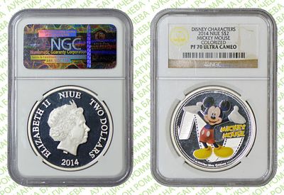 2 ДОЛЛАРА 	2014	год	NGC PF 70 ULTRA CAMEO Микки Маус ТОП ГРЕЙД
. ЦВЕТНАЯ. ДИСНЕЕВСКИЙ ПЕРСОНАЖ 
