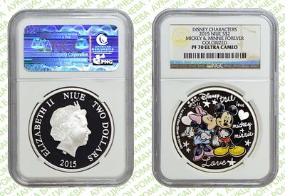 2 ДОЛЛАРА 	2015	год	NGC PF 70 ULTRA CAMEO Микки И Минни навсегда ТОП ГРЕЙД
. ЦВЕТНАЯ. 