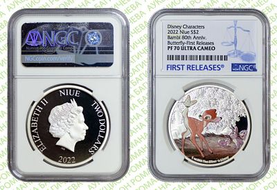 (ПЕРВЫЙ ВЫПУСК) 2 ДОЛЛАРА 	2022	год	NGC PF 70 ULTRA CAMEO "80-летие Бэмби. Баттерфляй" ТОП ГРЕЙД
