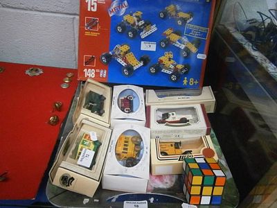 Lot inc diecast vehicles, Meccano set and Rubik's cube