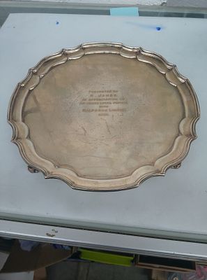 Silver hallmarked plate on raised feet 492 Grams with inscription