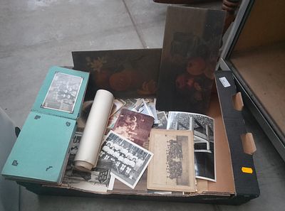 Two antique still-life oil paintings together with a large quantity of early 20thC B&amp;W 