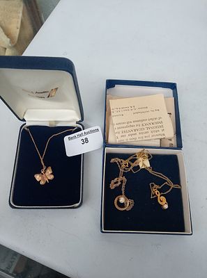 9ct hallmarked butterfly pendant and chain together with 2 other chains (3)