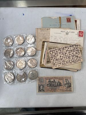 Lot inc postcards, old coins and notes