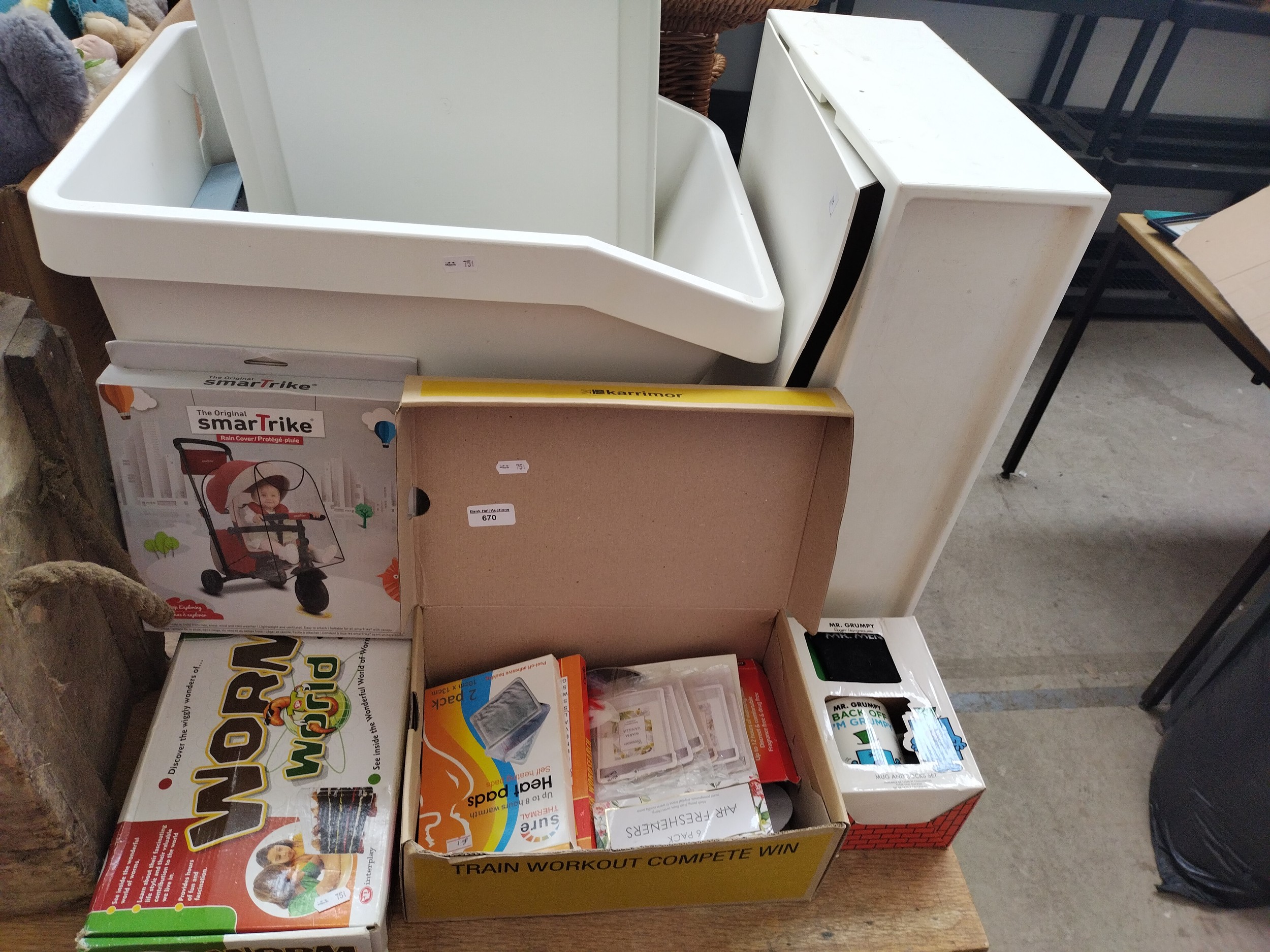 Lot inc trike rain cover, air freshener, toys, wool, pet food storage box, etc