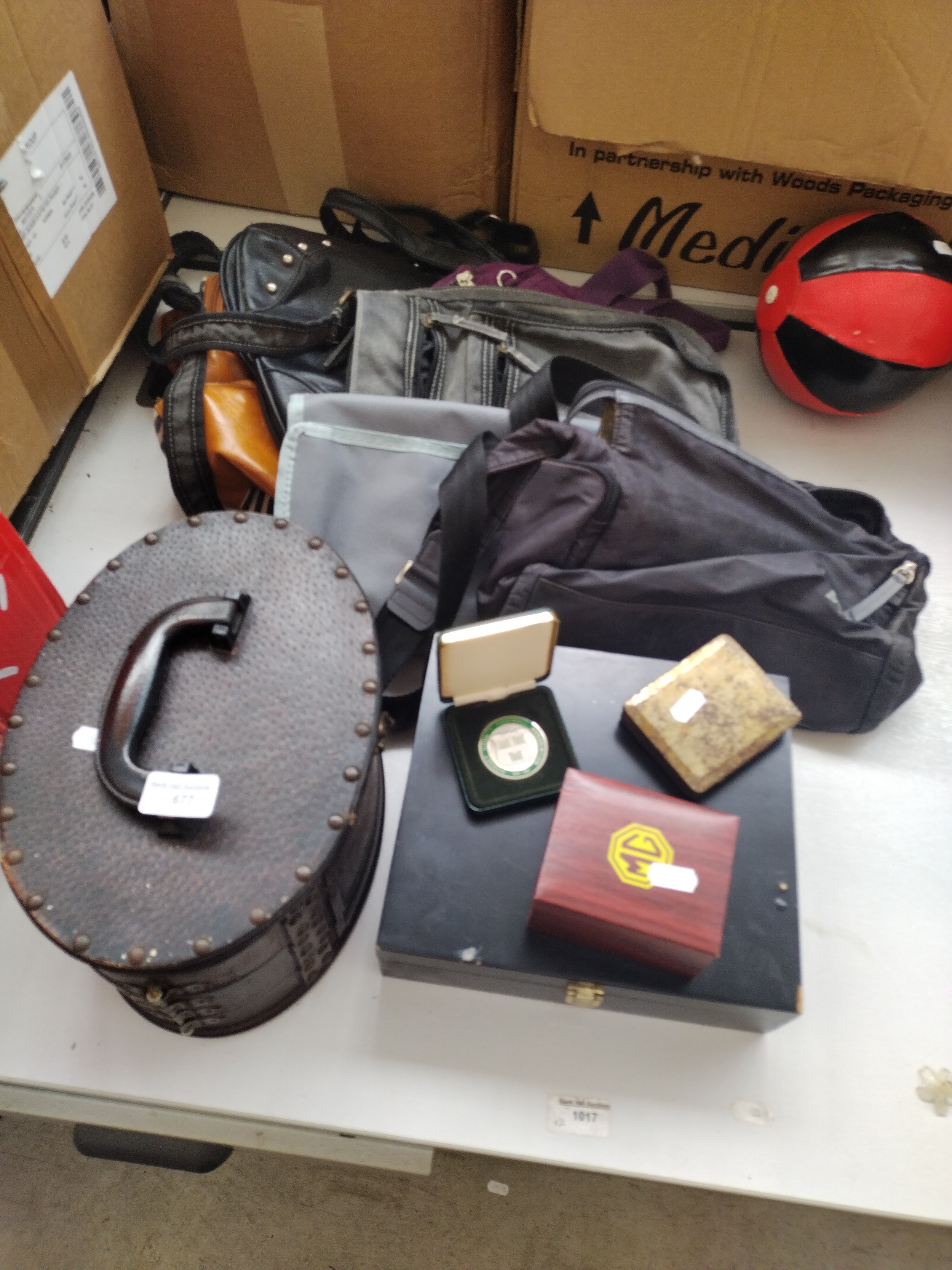 Lot inc storage box, handbags, watch box, sports award, etc