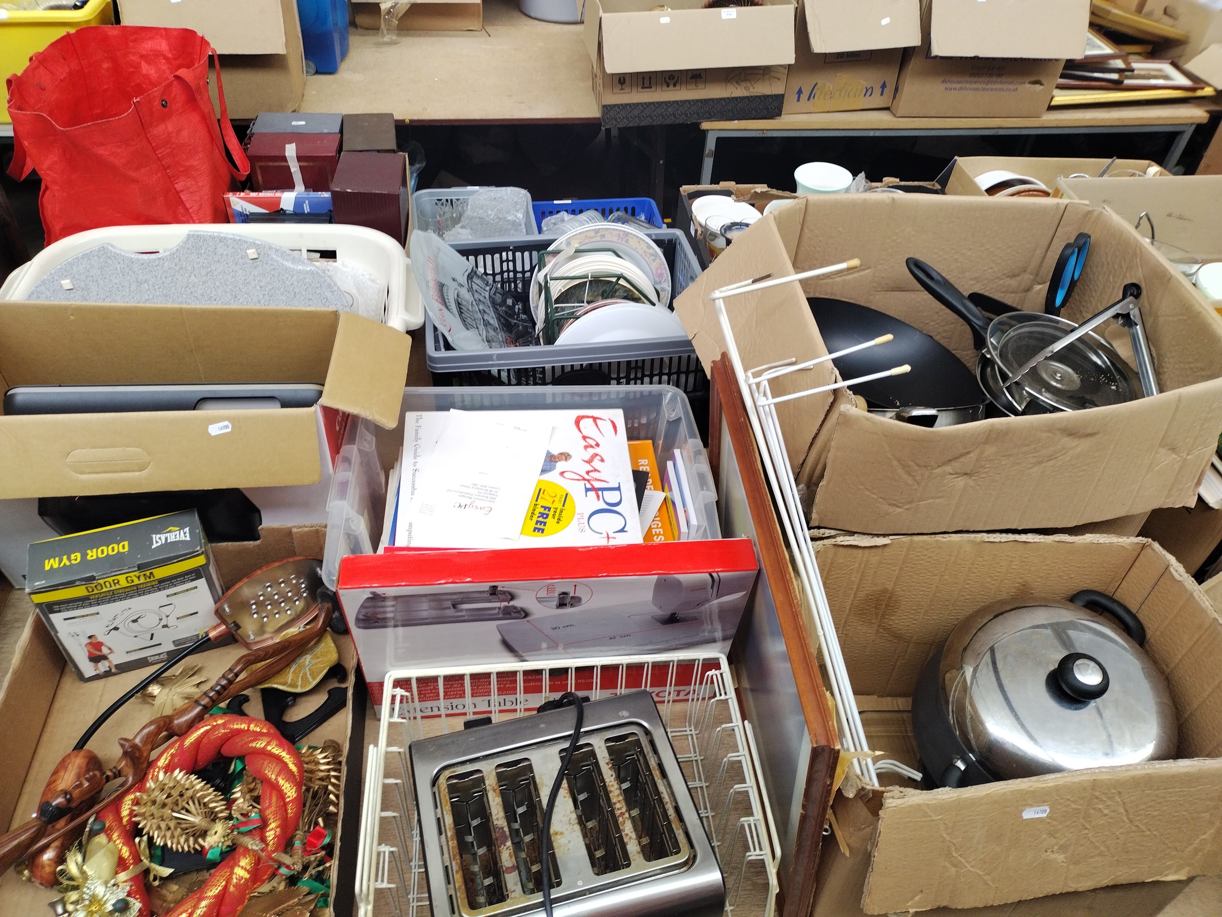 Lot inc kitchen items, printer, PC magazines, wooden ornament, etc