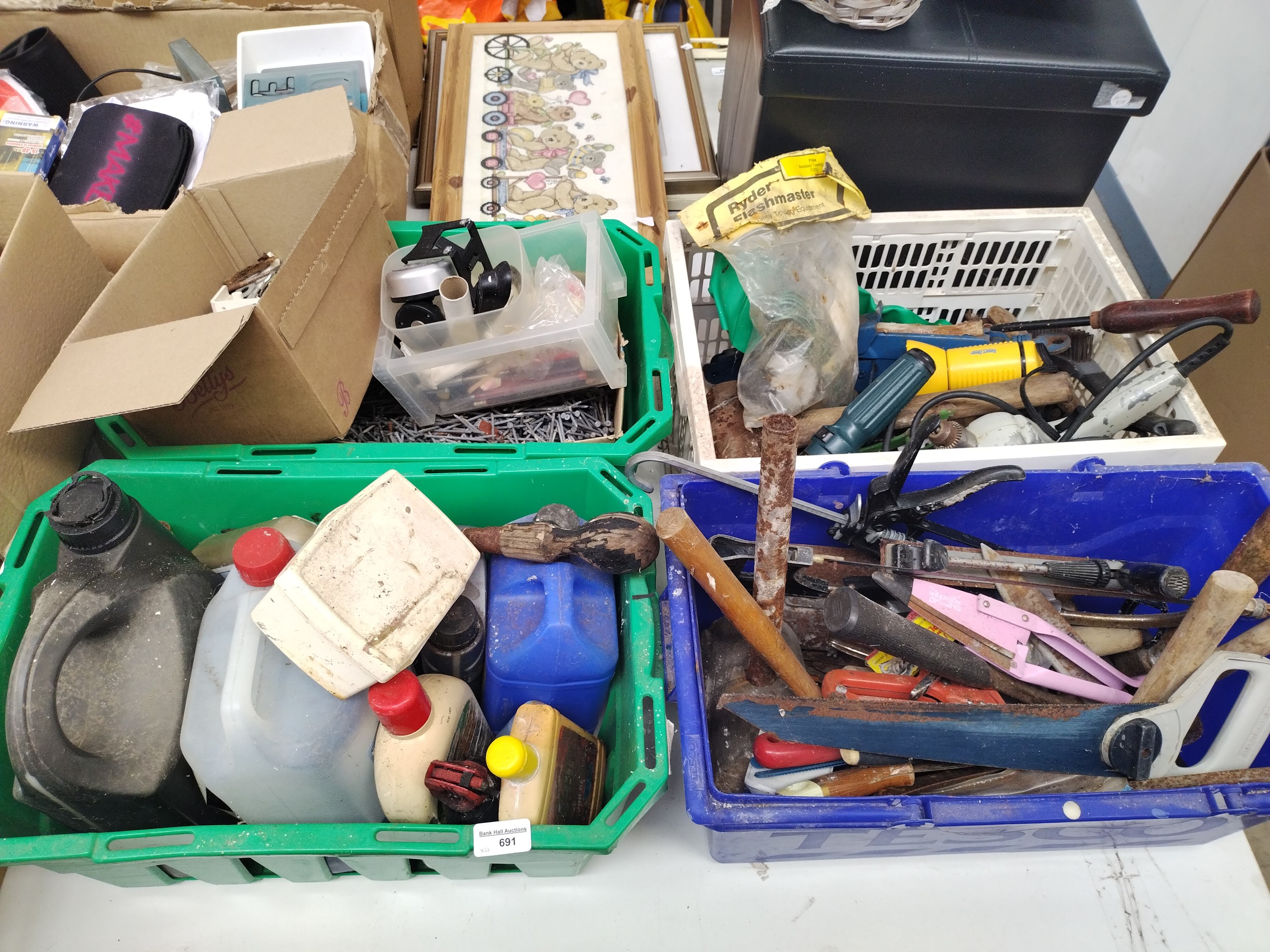 Four boxes of tools and hardware
