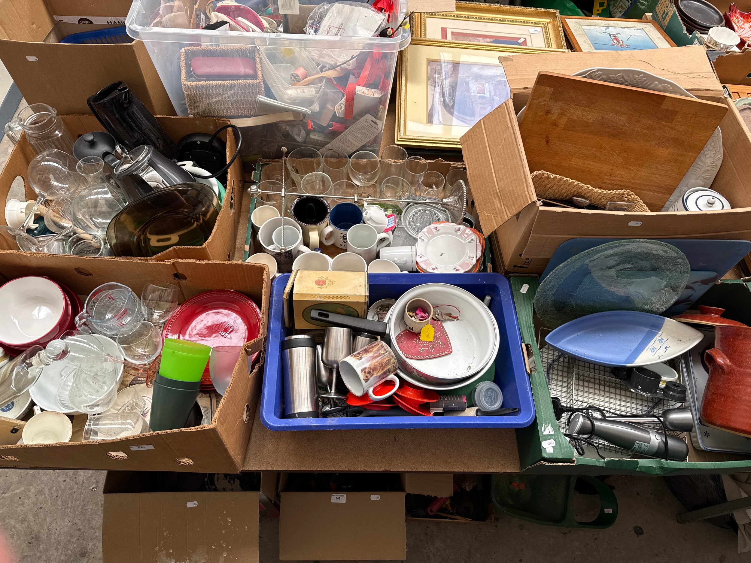 Six boxes inc glassware, mugs, cutlery, etc