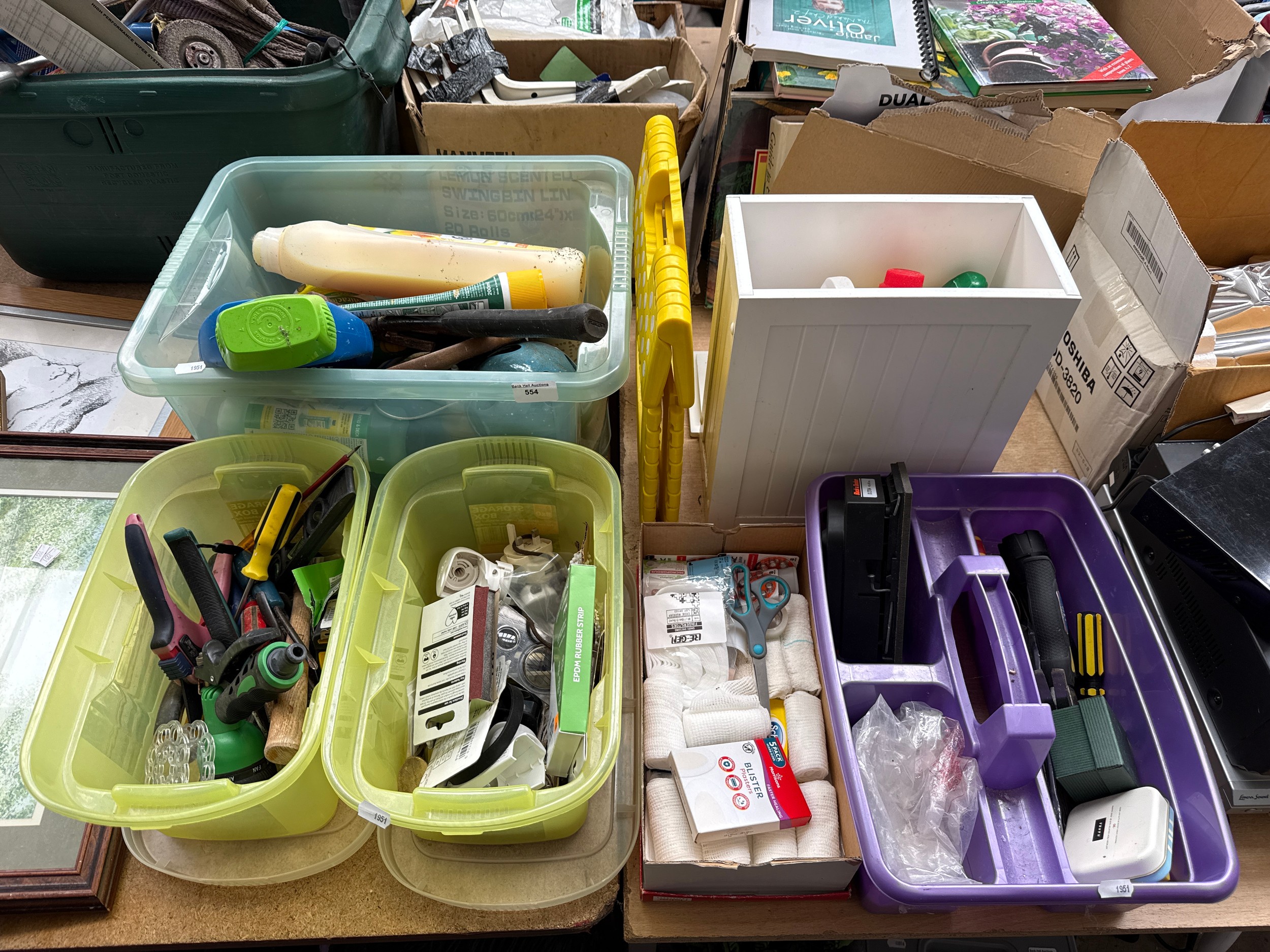Lot inc tools, household chemicals, bandages, etc