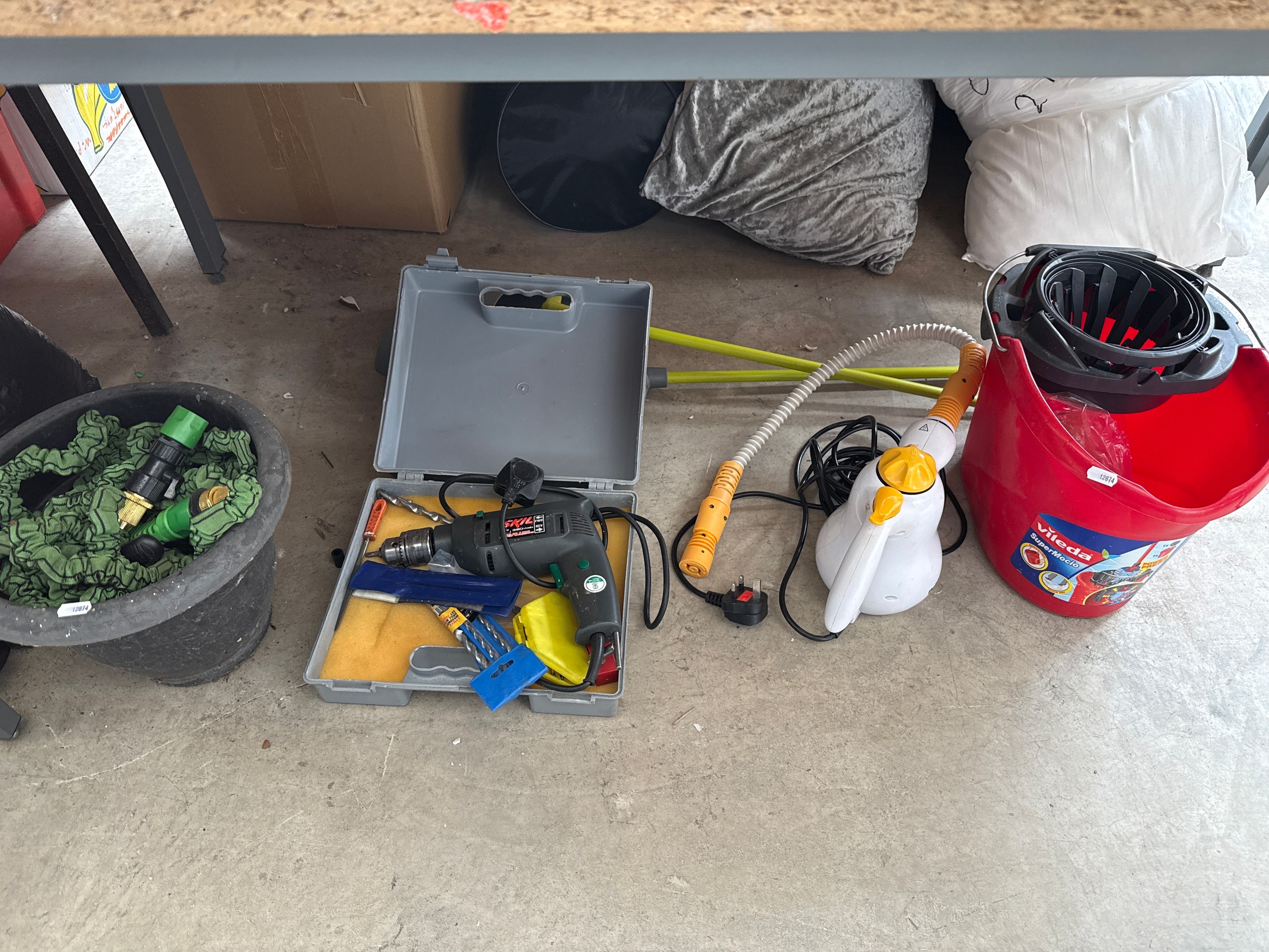 Lot inc drill, hosepipe, mop bucket, steam cleaner