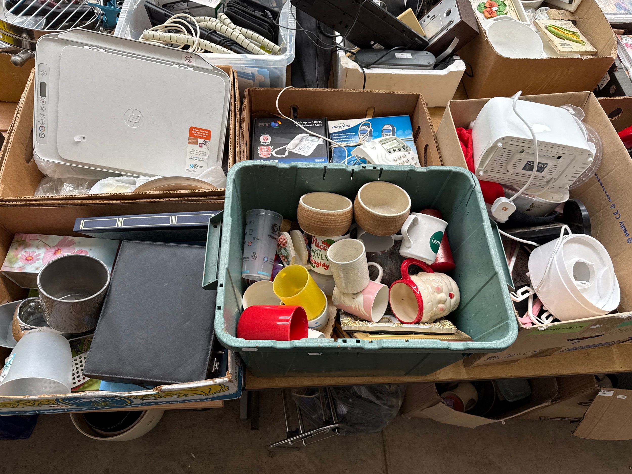 Five boxes inc printer, telephones, mugs, toaster, photo albums, etc