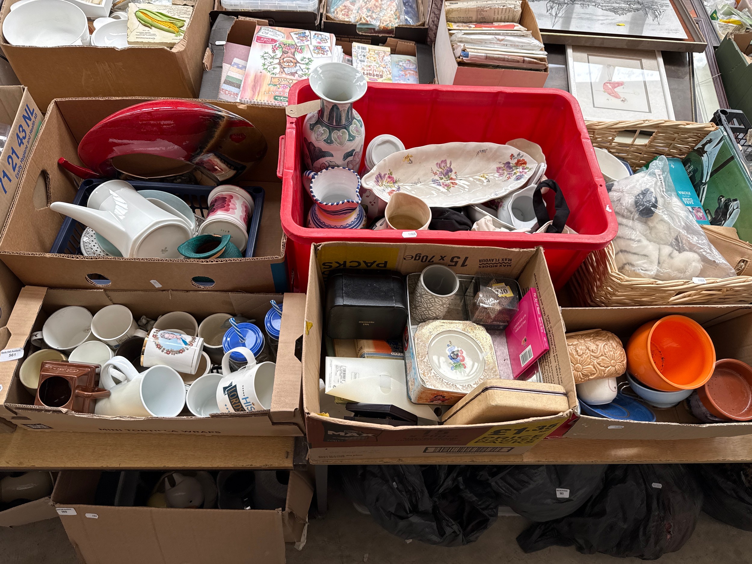 Six boxes of assorted pottery, etc