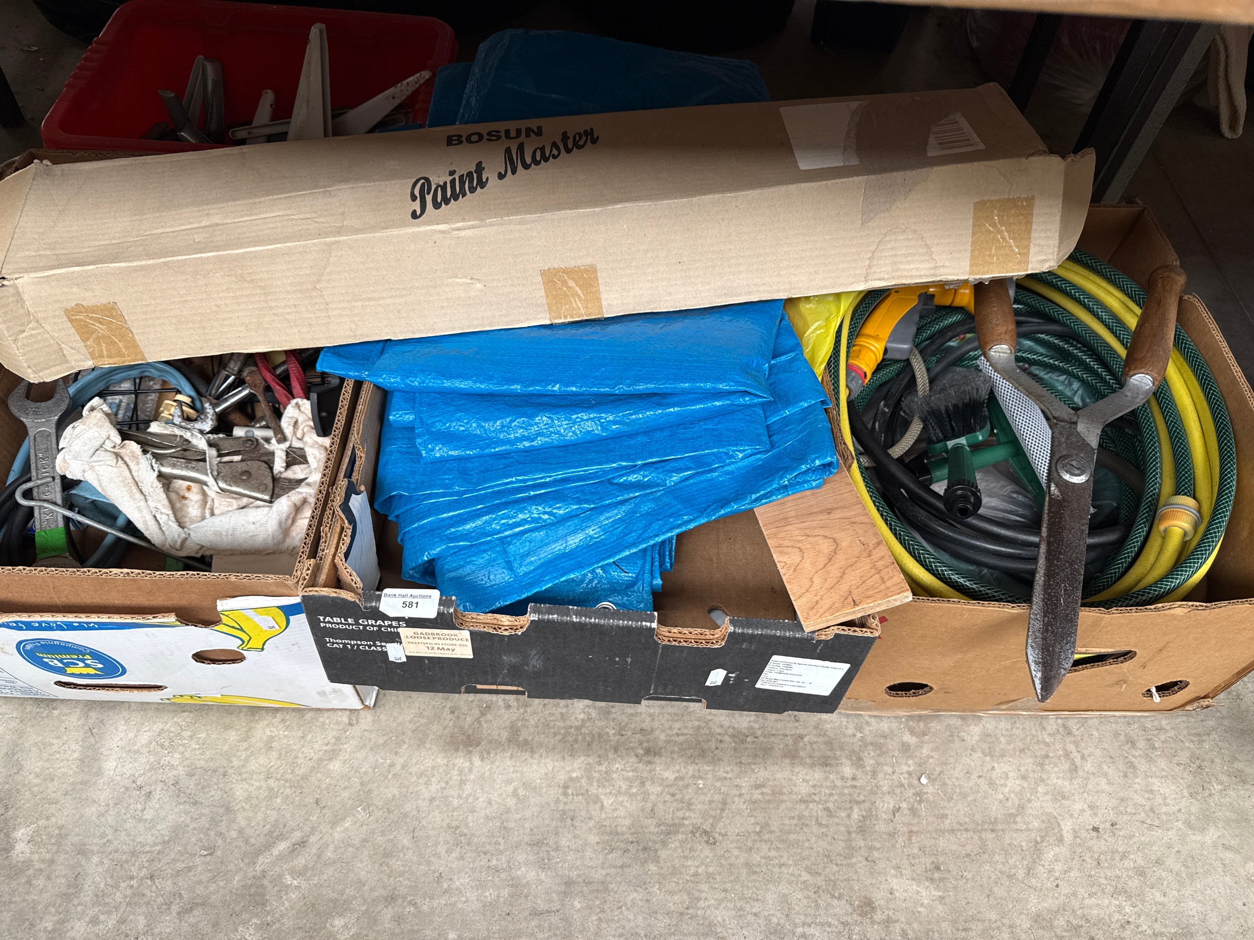 Lot inc hosepipe, tarp, tools, etc
