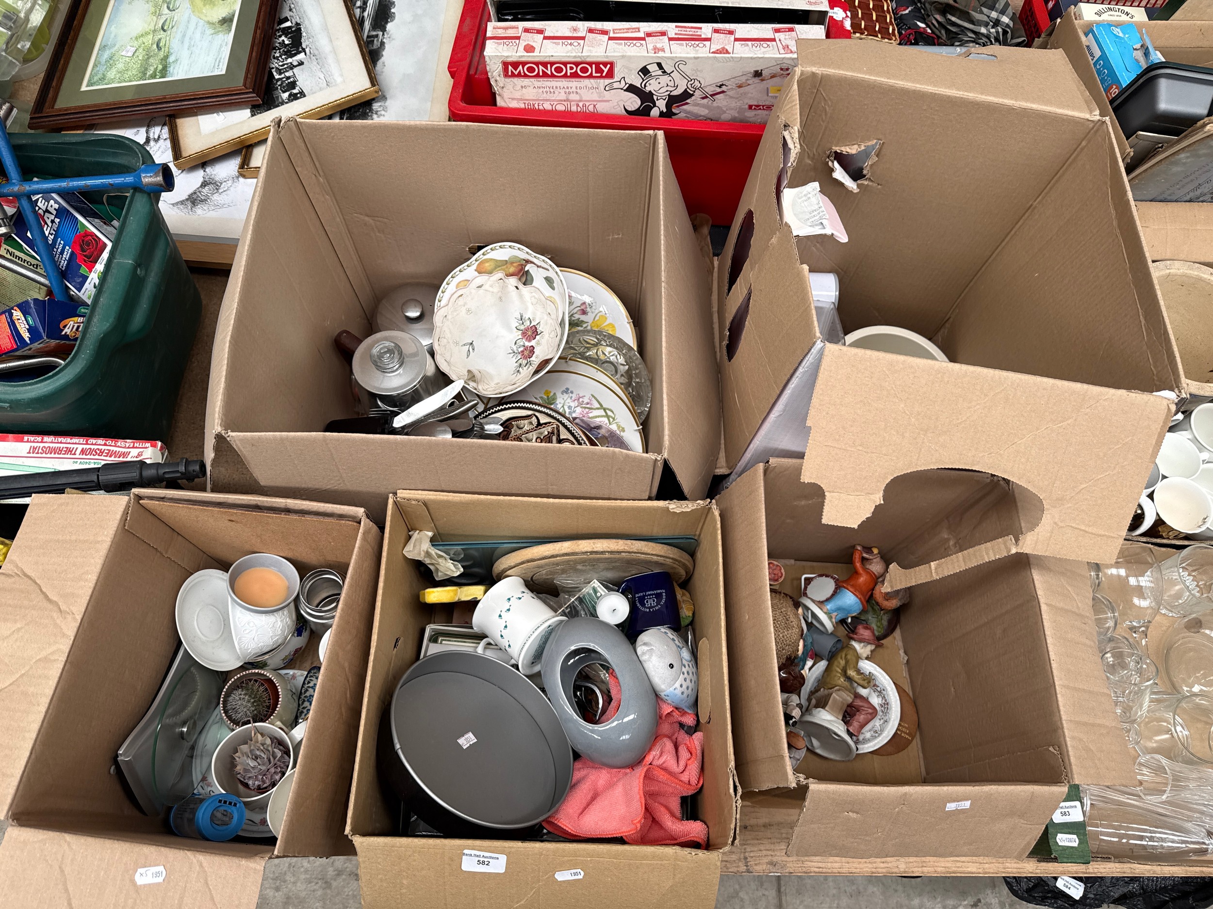 Five boxes inc pottery, ornaments, cutlery, etc