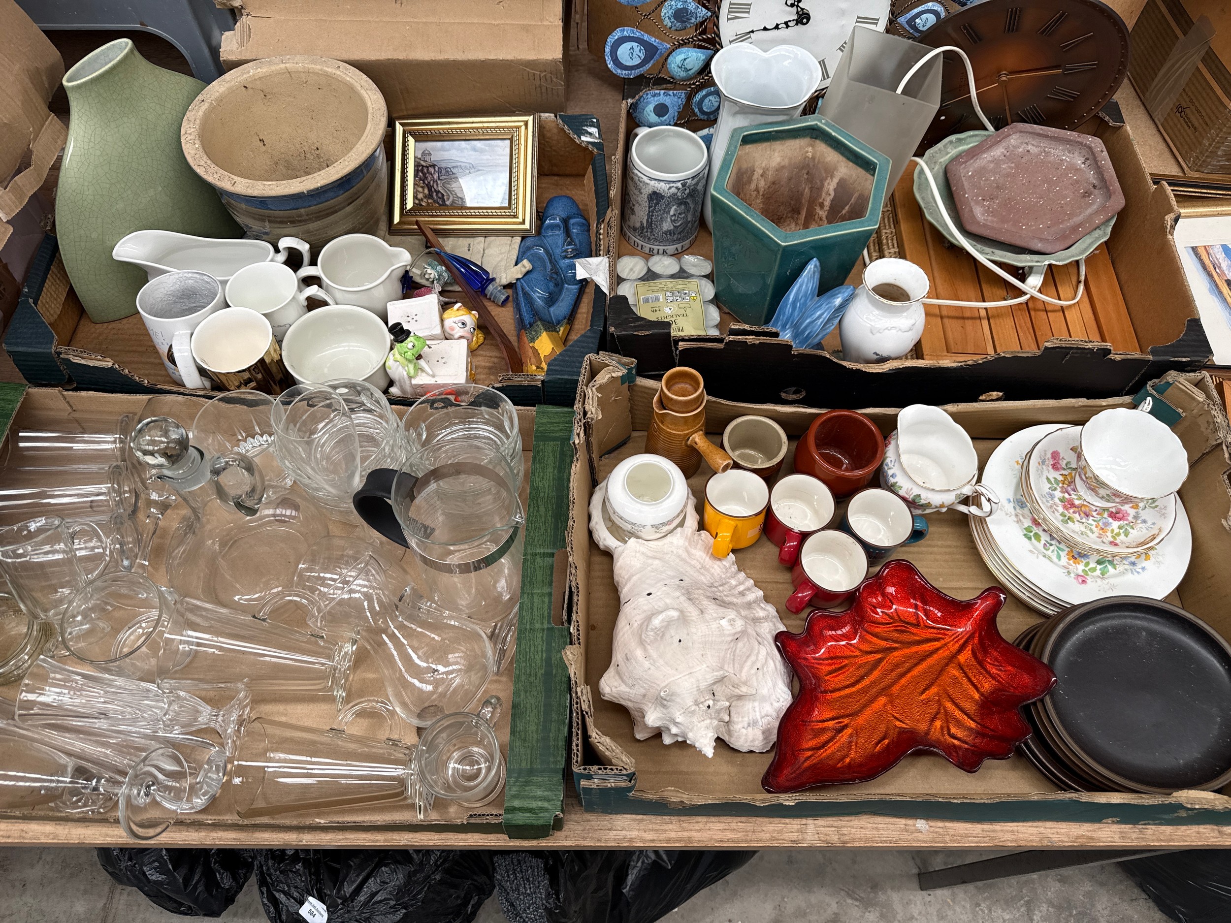 Four boxes inc glassware, vases, plant pots, china, etc
