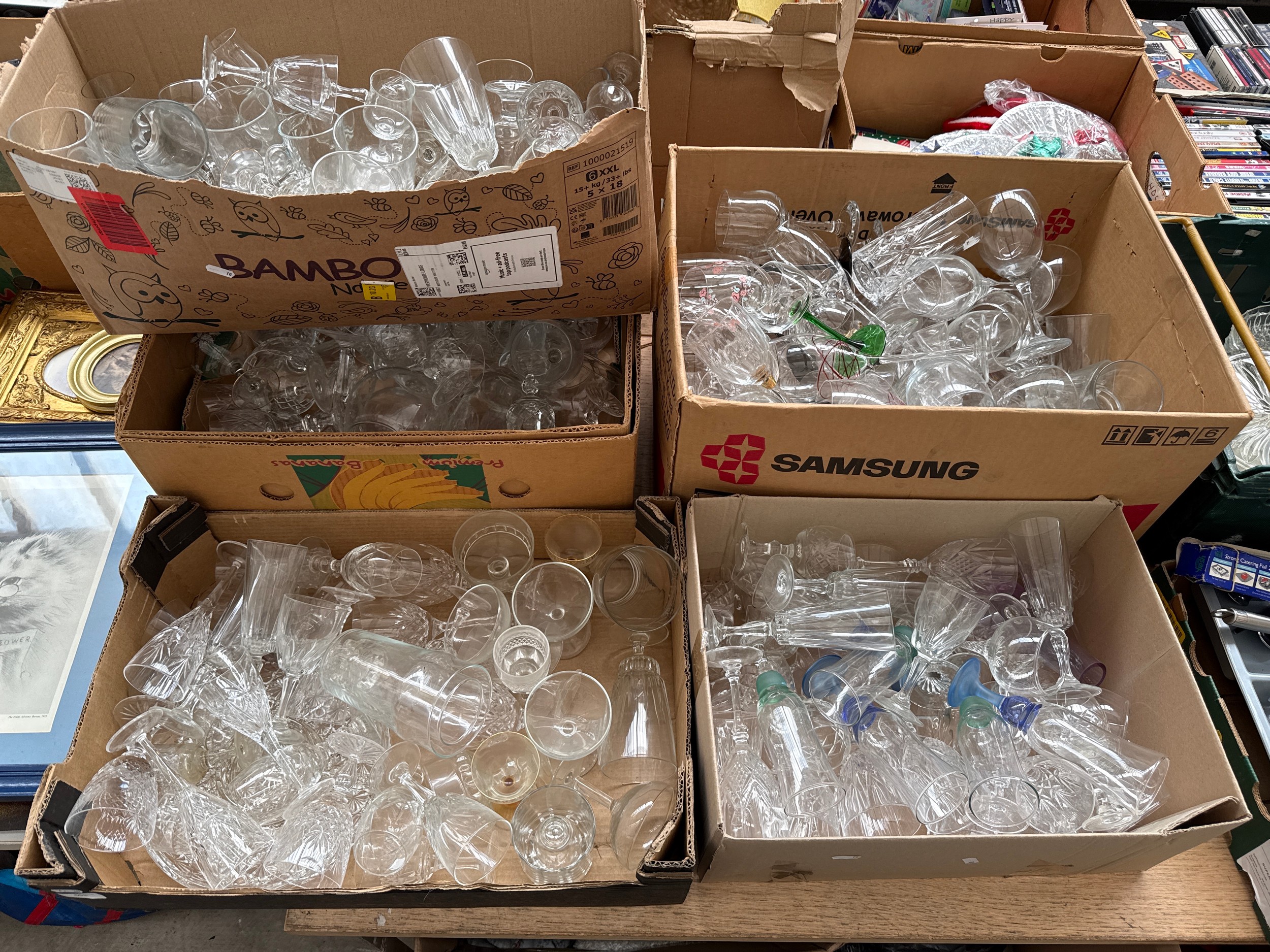 Five boxes of assorted glassware