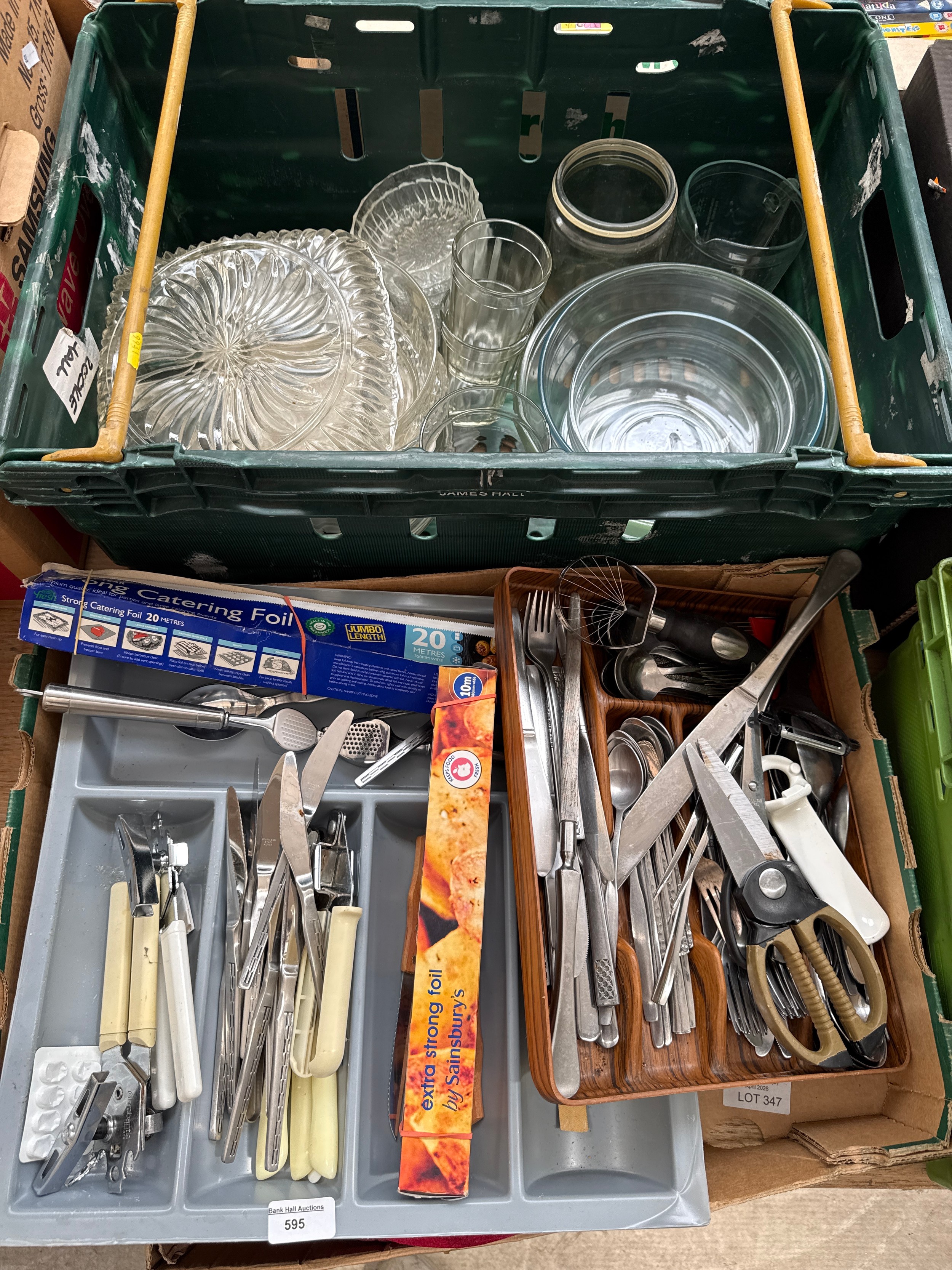 Two boxes inc glassware and cutlery