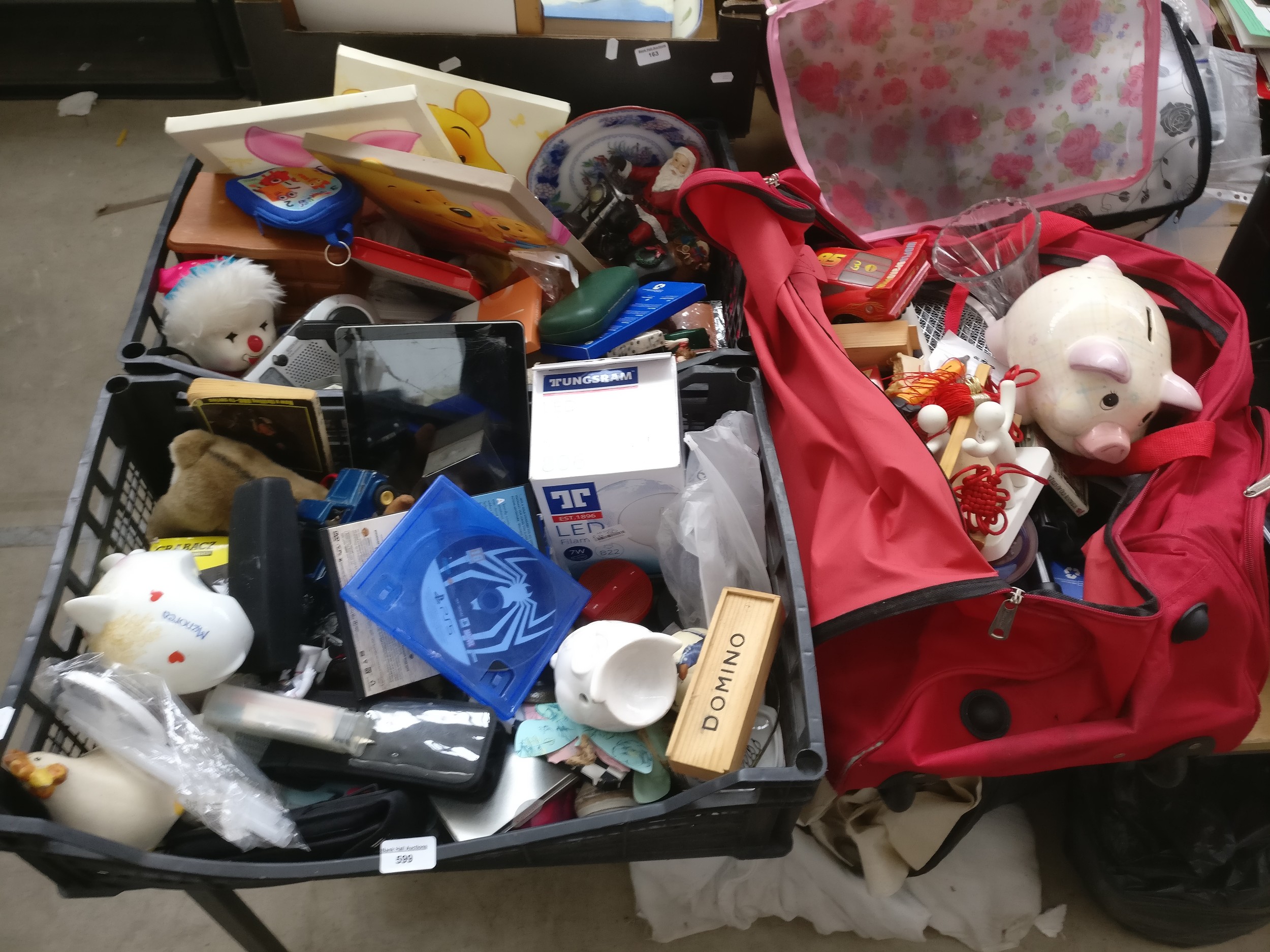 Two boxes and bag of assorted items