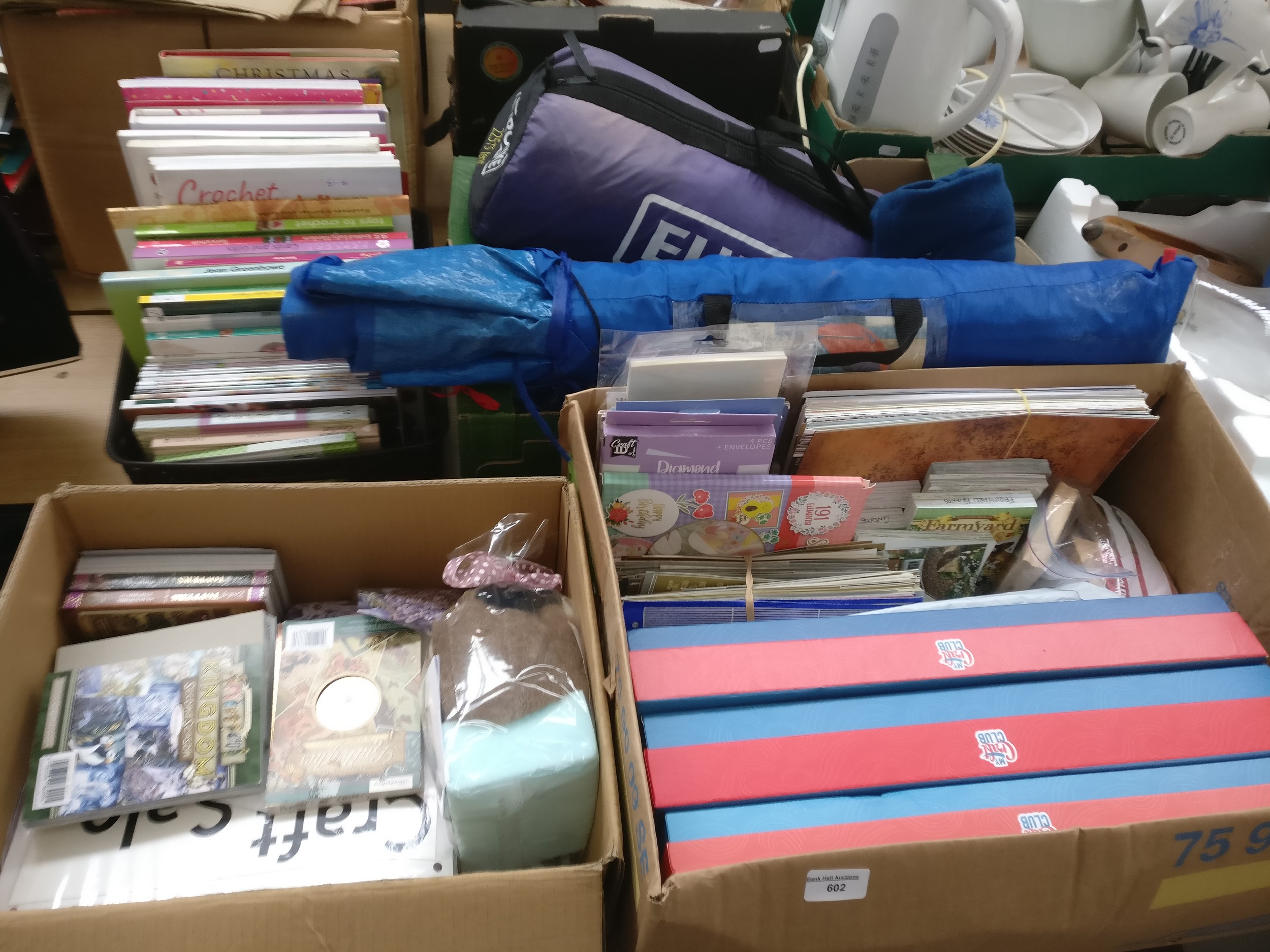Four boxes inc arts and craft items, tents, blankets, etc